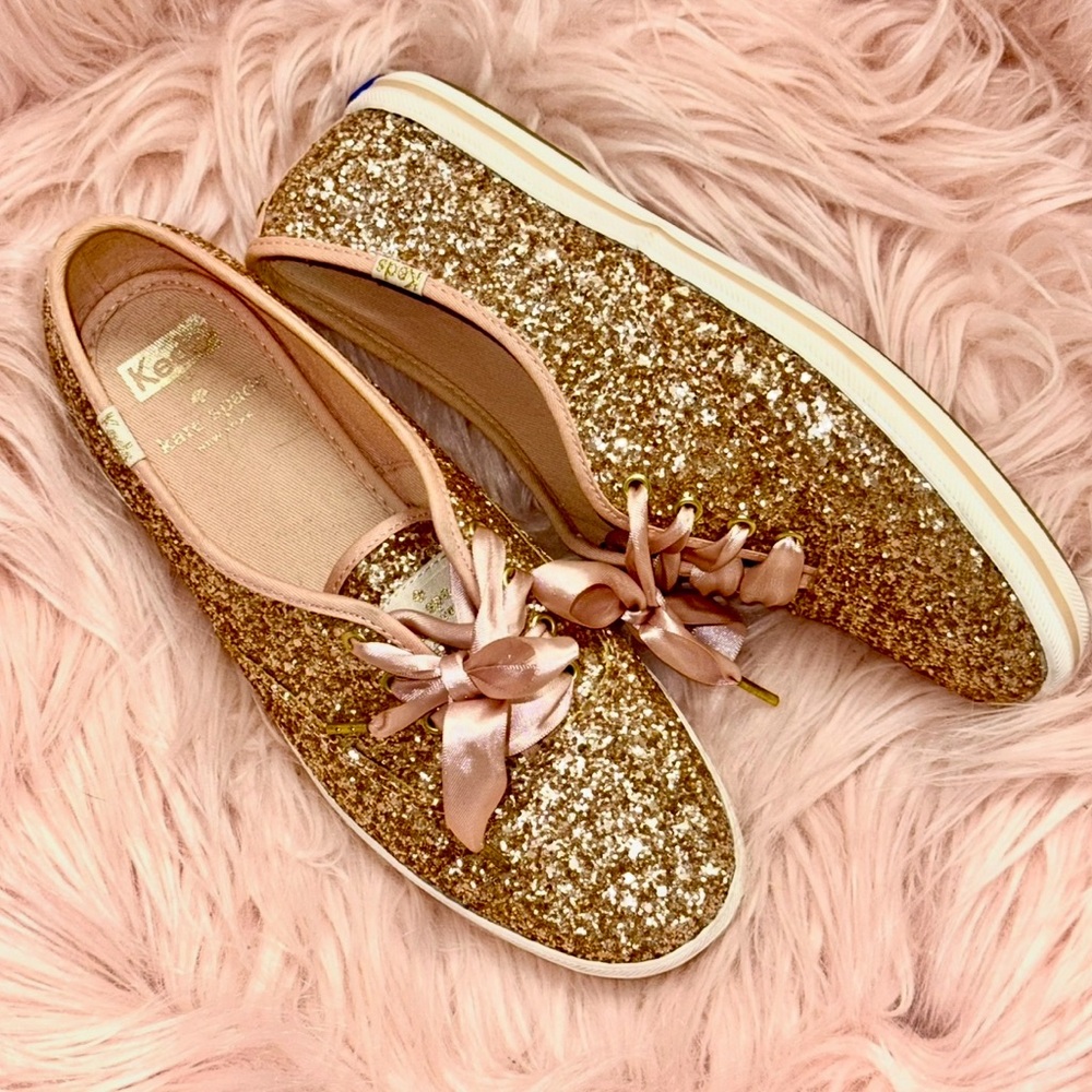 Keds X Kate Spade New York Champion Rose Gold Glitter Sneakers ~ Pink Satin Bows